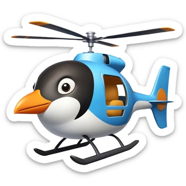 a penguin flying a home made helicopter in the style of a children's illustration sticker
