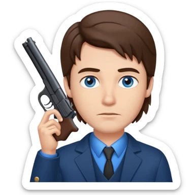 guy w medium long brown hair and blue eyes with gun to head sticker