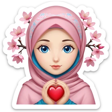 Turkish beautiful finish Konya girl blue eyes with cherry blossom flower design hijab and hold heart in her hand  sticker