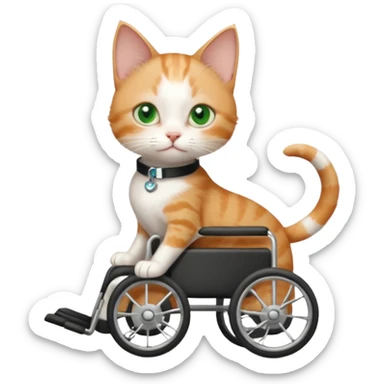 full body small short hair ginger and white cat with green eyes walking in a wheelchair for cats sticker