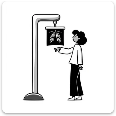 A woman having an x-ray of her lungs with the image of the x-ray displayed sticker