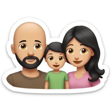 bald tan dad with black beard, pale mom with long straight black hair, and small baby with black hair sticker