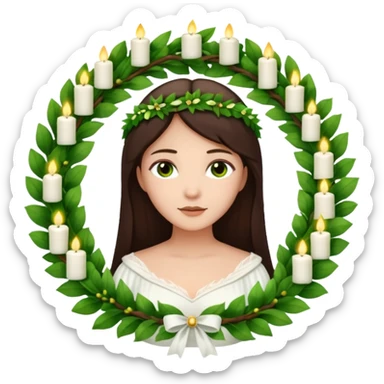  saint lucia with dark brown hair with a white gown and a wreath made from greenery with candles on top of the wreath sticker