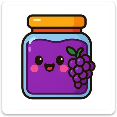 cartoon style grape jelly, bright purple, cute face on the jar sticker