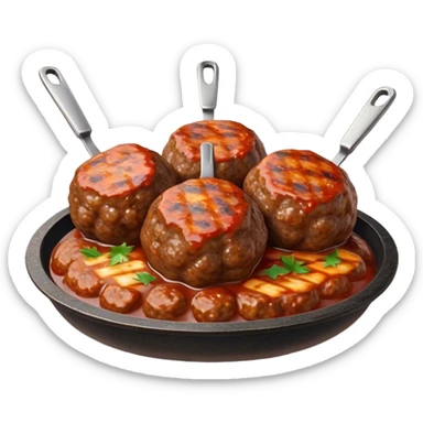 Cinematic Realistic Kofte Dish Emoji, depicted as seasoned, grilled meatballs with a charred exterior rendered with lifelike textures and robust, appetizing lighting. sticker