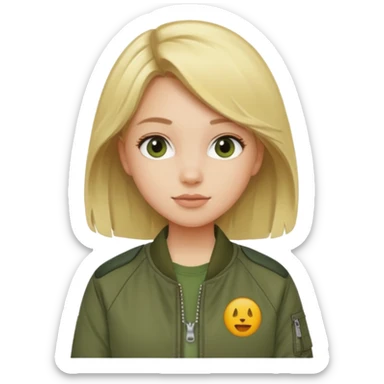 a blonde girl wearing a khaki green bomber jacket sticker