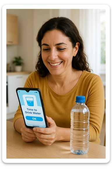 Donna che usa App per ricordarsi di bere, altrimenti non beve mai in italiano sticker