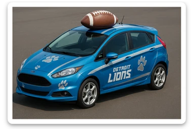A compact Ford car with Detroit Lions theme, blue and silver stripes, lion paw prints, and a football on the roof. sticker
