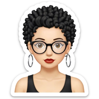 mulher branca de óculos, cabelo moicano preto enrolado, argolas de brinco sticker