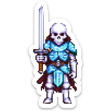pixel art skeleton warrior wielding a sword, classic RPG look sticker