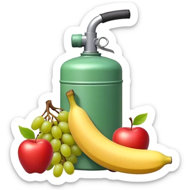 gasoline canister surrounded by a banana, an apple, and grapes, fuel can with fruits arranged around it sticker