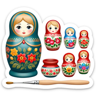Russian nesting dolls (matryoshka) painting icon, several dolls of different sizes being hand-painted with traditional floral patterns, paintbrushes, small pots of paint, and carving tools nearby, visible process of decoration, minimalistic style, clean lines, transparent background. sticker