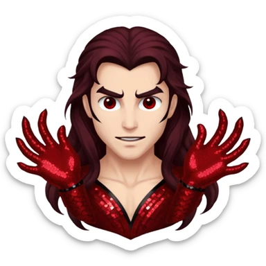 Samael, Venom of God from Gods and Goddesses with long dark brown hair, dark red sequin outfit sticker