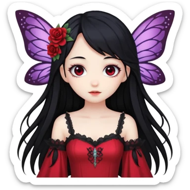 Gothic anime fairy with long beautiful black hair and red dress, pastelcore, sticker