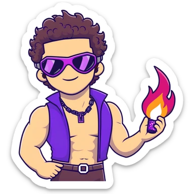 close-up of cool guy male athlete with white skin and moderately curly dark brown hair on top with shaved sides, with one purple ski goggle lens pushed up above his eyes on his forehead, with an arrogant smug smirk on his face, wearing only a plain black chain necklace around his neck, and a completely unzipped sleeveless vest with purple and black sequin fire pattern design with no logo, clearly showing he is shirtless underneath with exposed chest and abs sticker