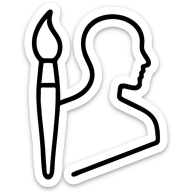 A paintbrush morphing into a polished silver human sculpture silhouette with bronze details, symbol of artistic identity sticker