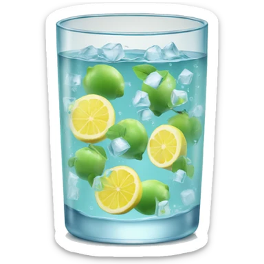 Ice water with green fruits and lemon sticker
