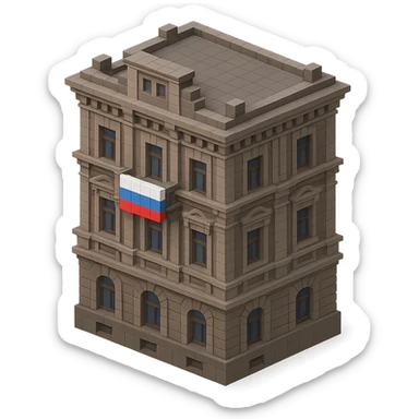 old Saint Petersburg building in voxel style, gray-brown tones, ornate facade, Russian flag draped over a balcony, isometric view sticker