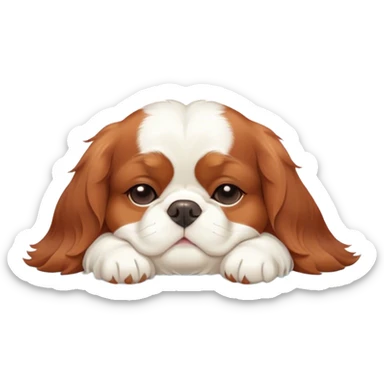 Cinematic Chubby Sleeping Cavalier King Charles Spaniel Portrait Emoji, Chubby and serene, with a round, endearing build and a plush, silky coat of rich chestnut and white, eyes gently closed in peaceful slumber, Simplified yet irresistibly endearing features, highly detailed, glowing with a gentle, dreamy glow, high shine, relaxed and content, stylized with a touch of whimsy, bright and heartwarming, soft glowing outline, capturing the essence of a blissfully sleepy companion, so comically serene it feels like it could roll out of the screen and snore with adorable charm! sticker