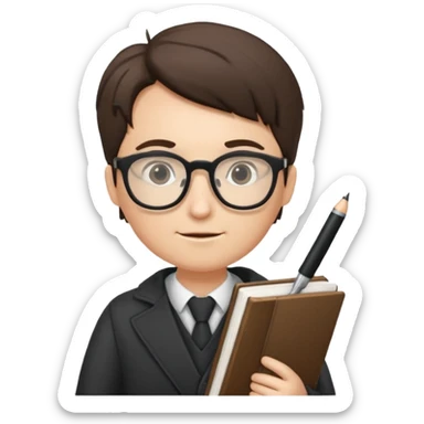 writer holding big pen and book, wearing glasses sticker