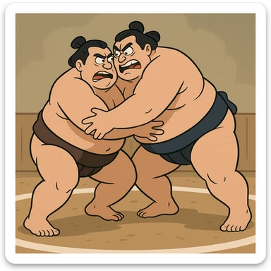 sumo wrestling match, two large men grappling, dramatic movement, stylized, cartoon style sticker