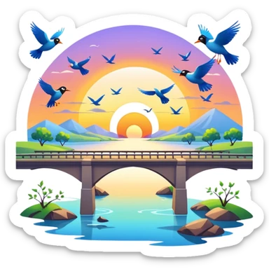 sunrise landscape with a bridge and birds sticker