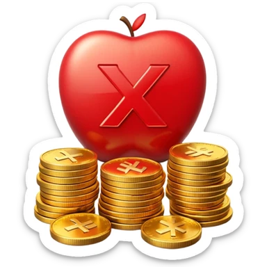 Apple emoji style, glossy 3D icon a red prohibition symbol (🚫) over a stack of shiny golden coins. The coins have soft reflections, rounded edges, and a small red X embossed on the top coin sticker