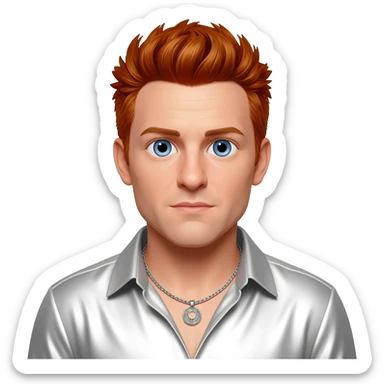 Brian Littrell from Backstreet Boys with blue eyes, reddish blonde hair, white metallic shirt, silver necklace sticker