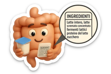 EMOJI STILE IPHONE 3D DI UN INTESTINO CHE HA IN MANO UN BARATTOLO DI YOGURT CONFEZIONATO DA SUPERMERCATO E LEGGE L'ETICHETTA NUTRIZIONALE CON GLI INGREDIENTI IN ITALIANO, ACCANTO ALLO YOGURT CHE HA IN MANO C'è UN FOCUS SULL'ETICHETTA CON GLI INGREDIENTI SCRITTI sticker