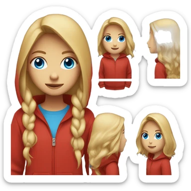 Girl with blue eyes and long blonde hair wearing a red hoodie sticker