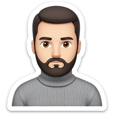 Man with square face, trimmed full beard, thick eyebrows, short dark hair combed back. Serious-neutral expression. Light gray thick knit sweater with folded collar. sticker
