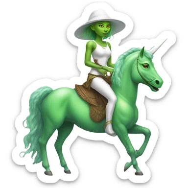 a green amazon alien woman on a white unicorn no woke sticker