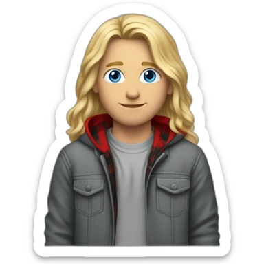long haired blond guy, blue eyes, wearing a grey hoodie zip up with a red and black flannel under the jacket sticker