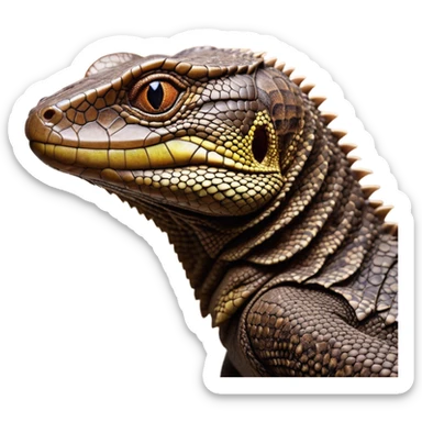 Cinematic Noble brown camo monitor Lizard Portrait Emoji, Poised and regal, with a robust, scaled body exhibiting striking, mottled patterns and piercing, alert eyes, Simplified yet sharp and sophisticated features, highly detailed, glowing with a soft, earthy glow, high shine, intelligent and formidable, stylized with an air of ancient wilderness, focused and commanding, soft glowing outline, capturing the essence of a watchful and confident reptilian guardian that appears ready to stride out of the screen with effortless authority! sticker