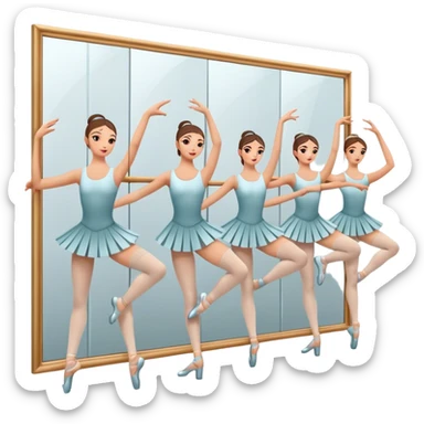 Icon for Choreography: a group of dancers in identical poses, standing by a wall with all wall long mirror, holding a long barre with one hand. The icon should capture the discipline and synchronized movement of dance training. Transparent background. sticker