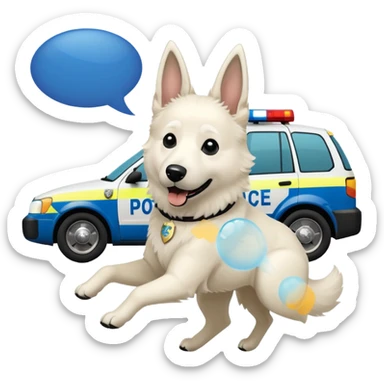 White belgian Shepard Runs away from police car and says "ACAB" sticker