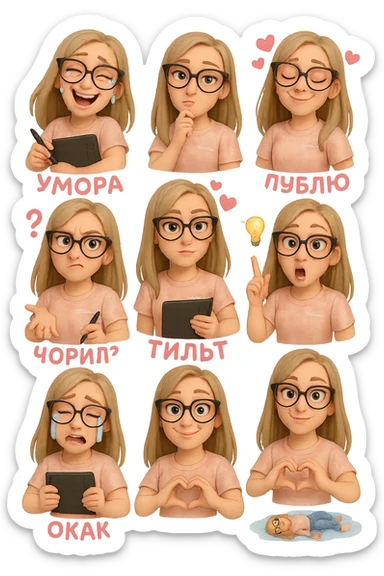 «Создай набор из 10 наклеек в стиле 3D cartoon  женского персонажа (30 лет выглядит моложе)  с прямыми светло русыми волосами ниже лопаток, светлой кожей, большими выразительными голубыми глазами, черные очки для зрения формы кошачий глаз, нос чуть с горбинкой.
Персонаж должен носить пастельную розово-бежевую тай дай футболку с вышивкой @ByUnicorn, голубые джинсы фасона мом, персонаж должен иметь разные выражения: смех до слез и подпись внизу пастельно-розовым текстом УМОРА, задумчивость, влюбленность (с сердцами вокруг головы) и надпись пастельно розовая ЛУБЛУ, злость с паром из носа и подписью внизу пастельно розовым текстом ТИЛЬТ, растерянность (со знаком вопроса) и подпись пастельно-розовым текстом ЧОРИЛ?, наличие идеи (с зажженной лампочкой), плач со слезами из глаз, удивление с открытым ртом и подписью пастельно розовым текстом ОКАК, создание сердца руками, лежит на спине раскинула руки и ноги в стороны в луже слез. Размер картинки не ограниченный, чтобы все наклейки вместились без обрезки. Стиль мультяшный  DreamWorks, мягкий свет, прозрачный фон, и добавь персонажу в руки графический планшет следи чтобы выглядело органично, красиво, не нарушая законы природы и физики, можешь добавить в другую руку перо от графического планшета, если это будет позволять смысл стикера» sticker