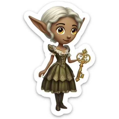 an elf woman login holding a big key in Victorian dress,  full body  sticker