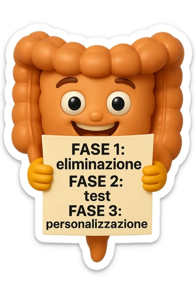 emoji stile iphone 3d di un intestino che tiene in mano un foglio con la scritta "FASE 1: eliminazione, FASE 2: test, FASE 3: personalizzazione, IPERREALISTICO 4K sticker