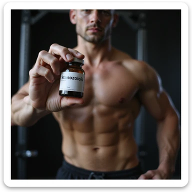 realistic photo of a crossfit athlete holding a vial labeled 'Stanozololo' in the foreground, visible muscles, neutral atmosphere, gym background sticker