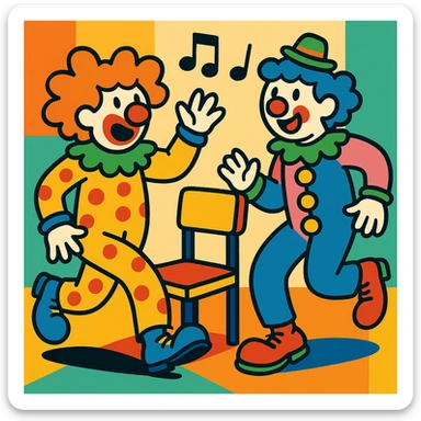 two clowns playing musical chairs, playful and colorful vibrant toon style sticker