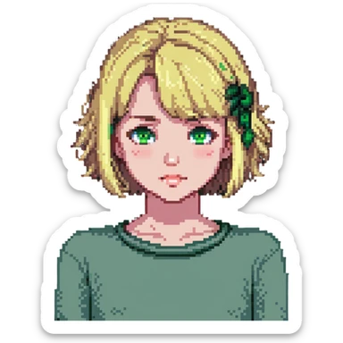 blonde girl with bob hair and green eyes looking embarrassed sticker