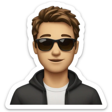 À young man with forward brown hair and black sun glasses sticker