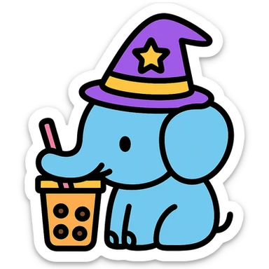 elephant with wizard hat and bubble tea, colorful outlines, modern icon style sticker