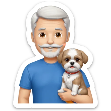 handsome gentleman, 60 years old, short silver hair, beard/moustache, wearing a blue t-shirt, smiling and holding a shih tzu sticker