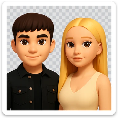 Slightly increase the volume of the upper body of the girl, separate the girl and the boy from each other, make the skin color the same for both characters. Maintain the cartoonish 3D style and keep the background transparent. sticker