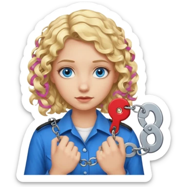 A girl with blond hair that curls at the end shoulder length and blue eyes who is breaking handcuffs sticker