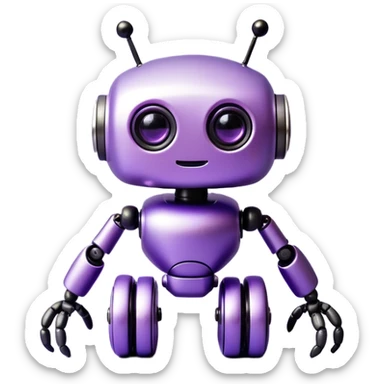 A small, kawaii-style robot inspired by the form of a minimalist machine. The robot is compact, purple-colored (lavender and metallic violet tones), with soft rounded features and a cute face with big shiny eyes. It has flexible, jointed arms and legs like adjustable rods, with black rubber “feet” and a subtle metallic frame. A coiled wire sticks out playfully like a tail. The robot is smiling or winking, radiating friendly and cheeky energy. Overall, it looks like a mix between a gadget, a helper bot, and a collectible mascot. Style: pastel emoji aesthetic, suitable for Instagram. sticker