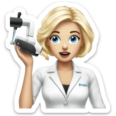  a surprised permanent makeup artist with a permanent makeup machine in her hands, a surprised blonde with blue eyes sticker