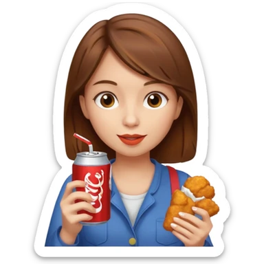 brown hair girl eating with mouth on the chicken nugget and holding a soda can sticker